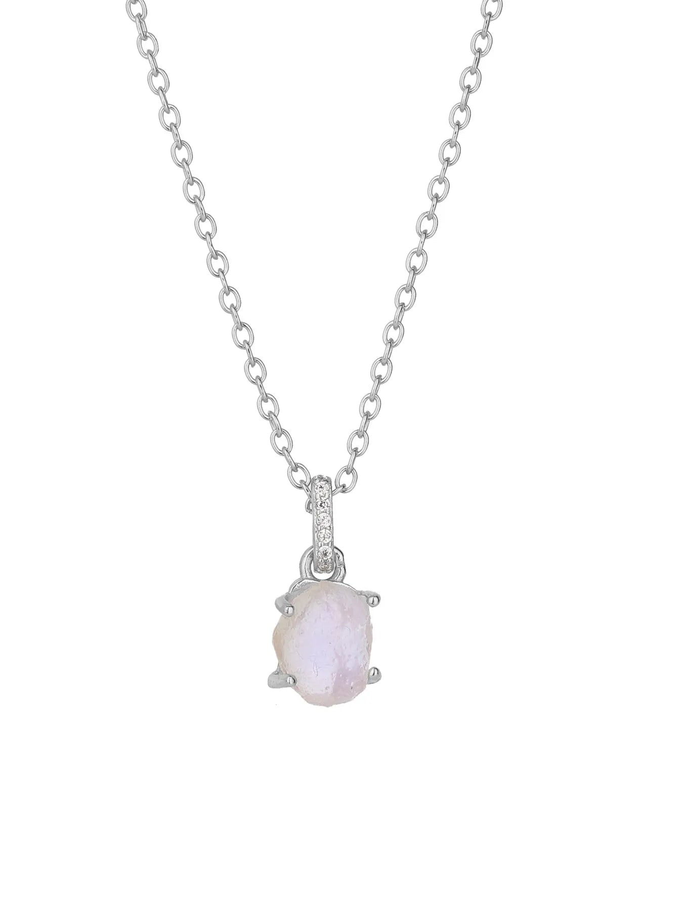 Geometric crystal moonstone pendant on an adjustable sterling silver necklace chain.
