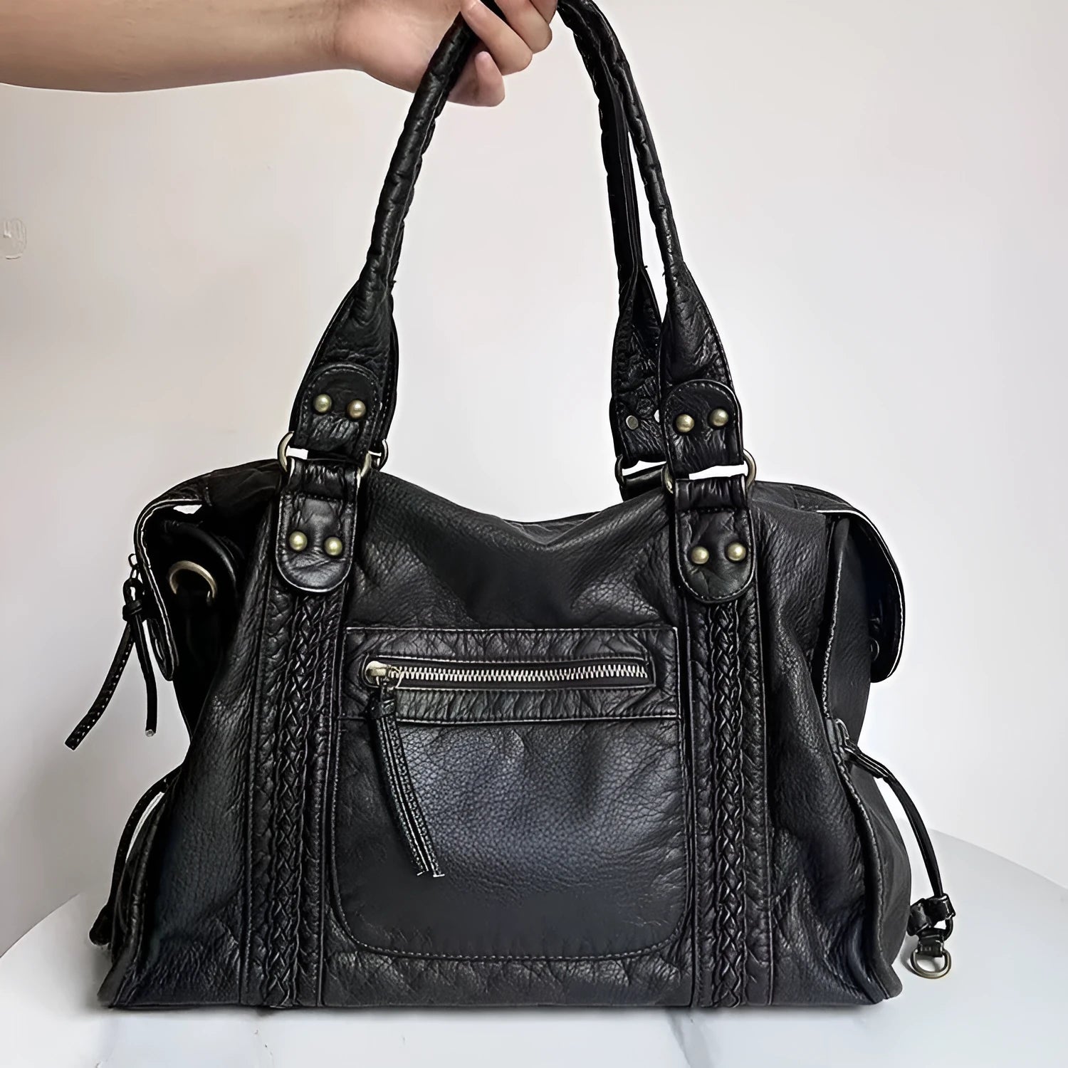 Women's retro messenger bag in soft PU with weaving decoration and single shoulder strap