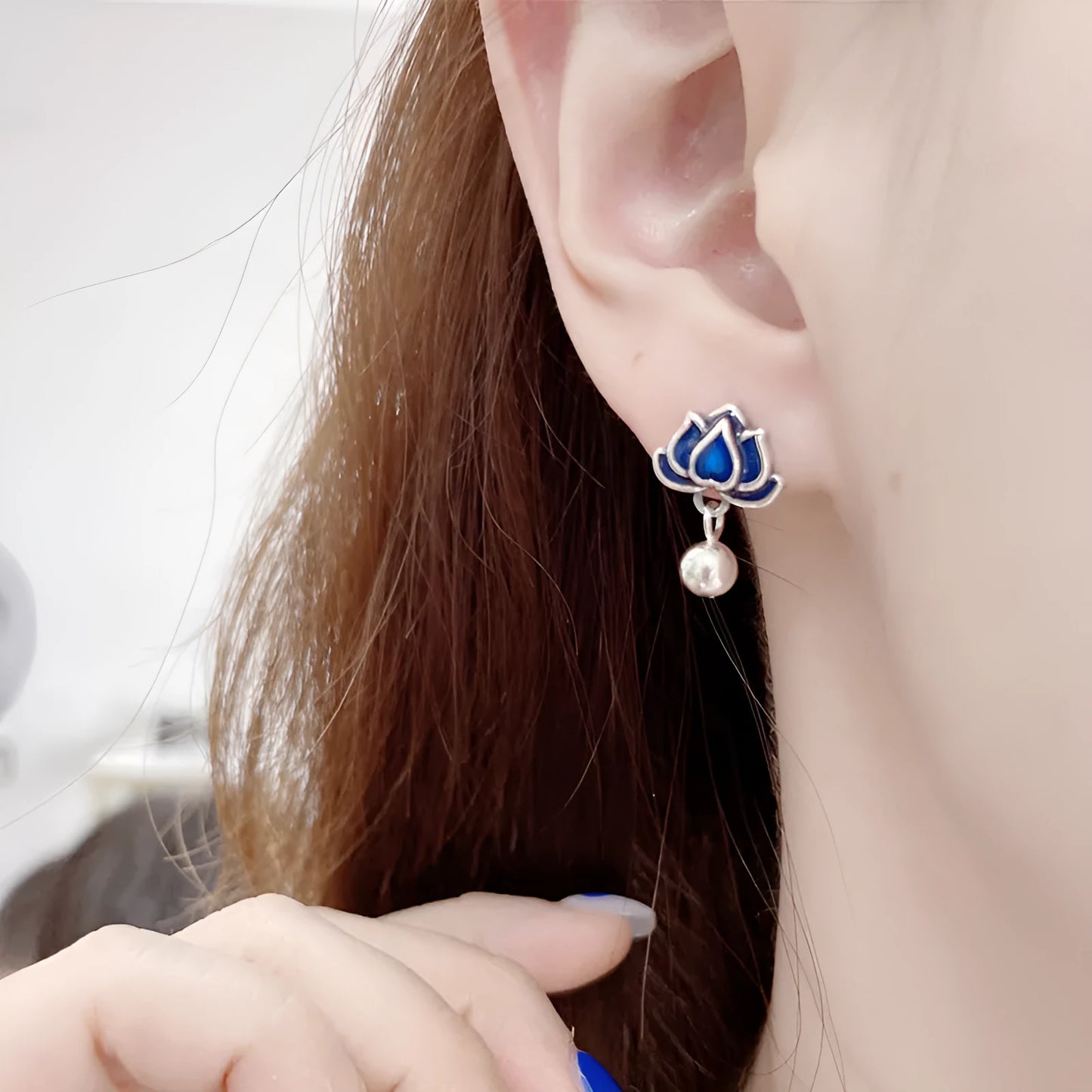 Blue lotus earrings with retro artistic seedpod tassel design, 1.2cm wide alloy studs