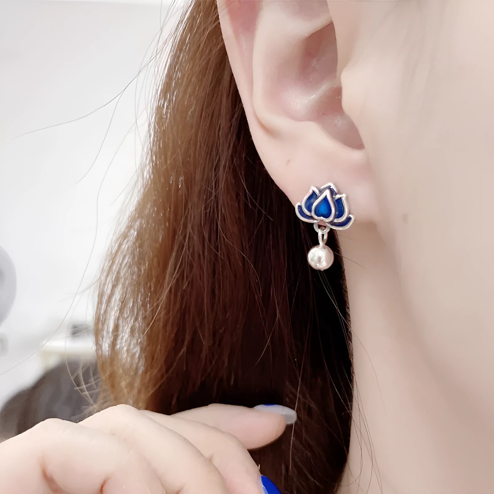 Blue lotus earrings with retro artistic seedpod tassel design, 1.2cm wide alloy studs