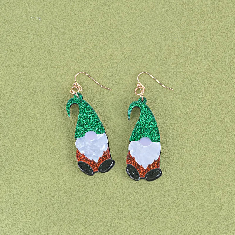 Acrylic Santa Claus cartoon character earrings in red, green, and red/green hat styles.