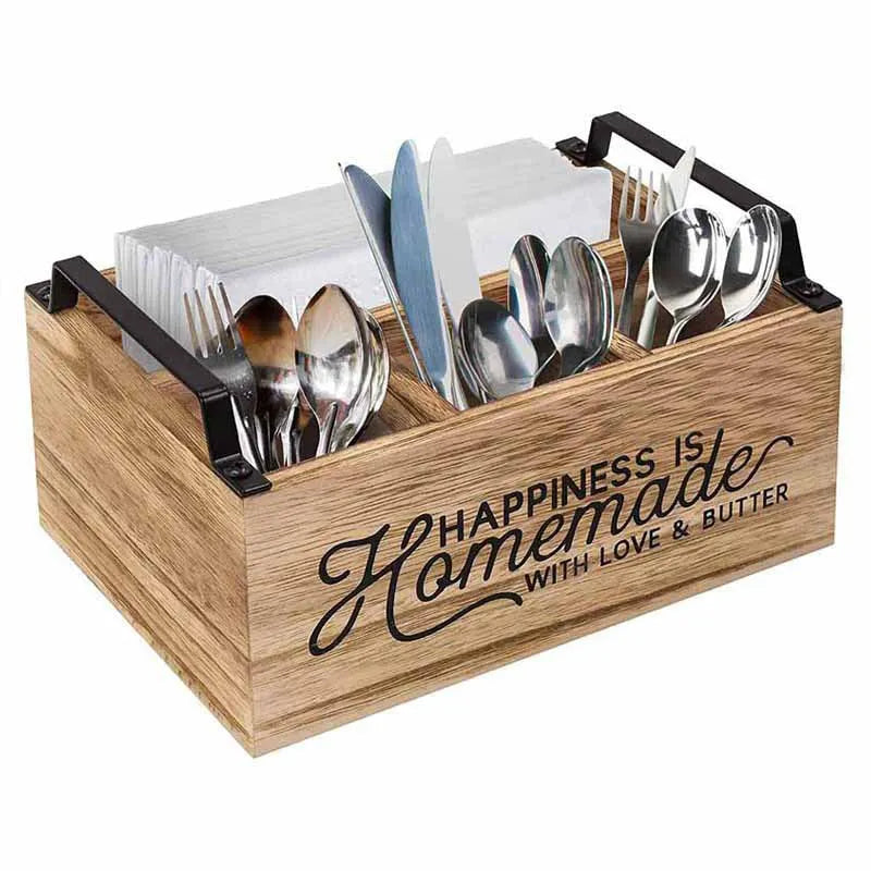 Wooden kitchen tableware storage box with grid compartments measuring 23x16.8x10cm