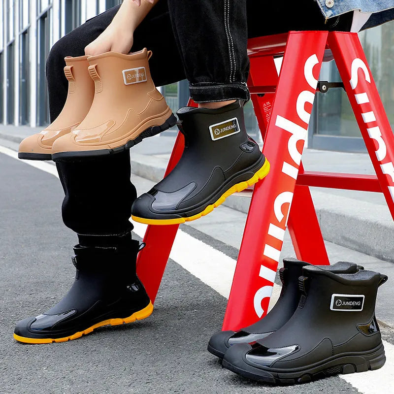 Minimalist black PVC waterproof wading boots with flat heel and round toe on a neutral background.