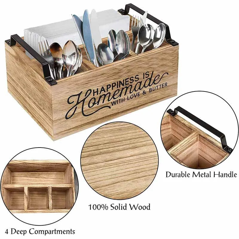 Wooden kitchen tableware storage box with grid compartments measuring 23x16.8x10cm