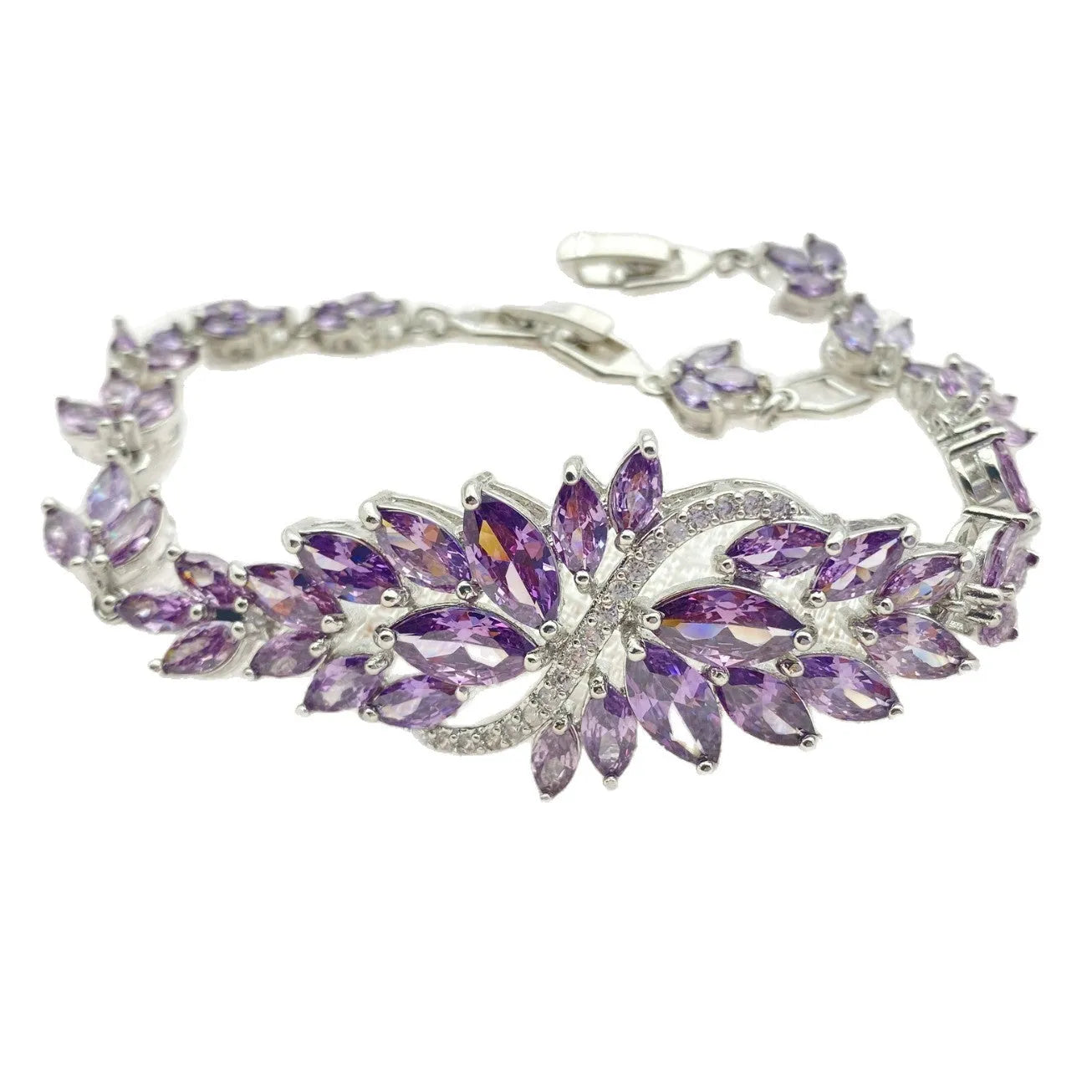 Copper bracelet with gold electroplating and micro-inlaid zircon stones in ice flower design