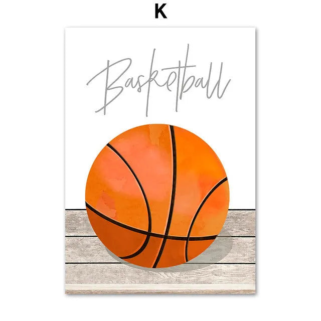Cartoon illustration of football, basketball and baseball tools on a canvas wall poster for a child's bedroom.