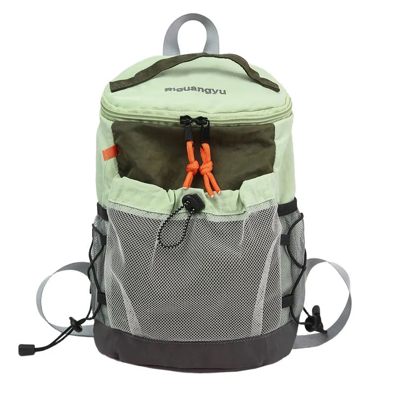 Waterproof nylon casual backpack in blue with curved shoulder straps and fold details