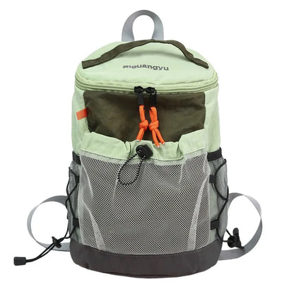 Waterproof nylon casual backpack in blue with curved shoulder straps and fold details
