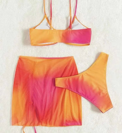 Orange and purple gradient print women's three-piece swimsuit with loop buckle hollow suspender design
