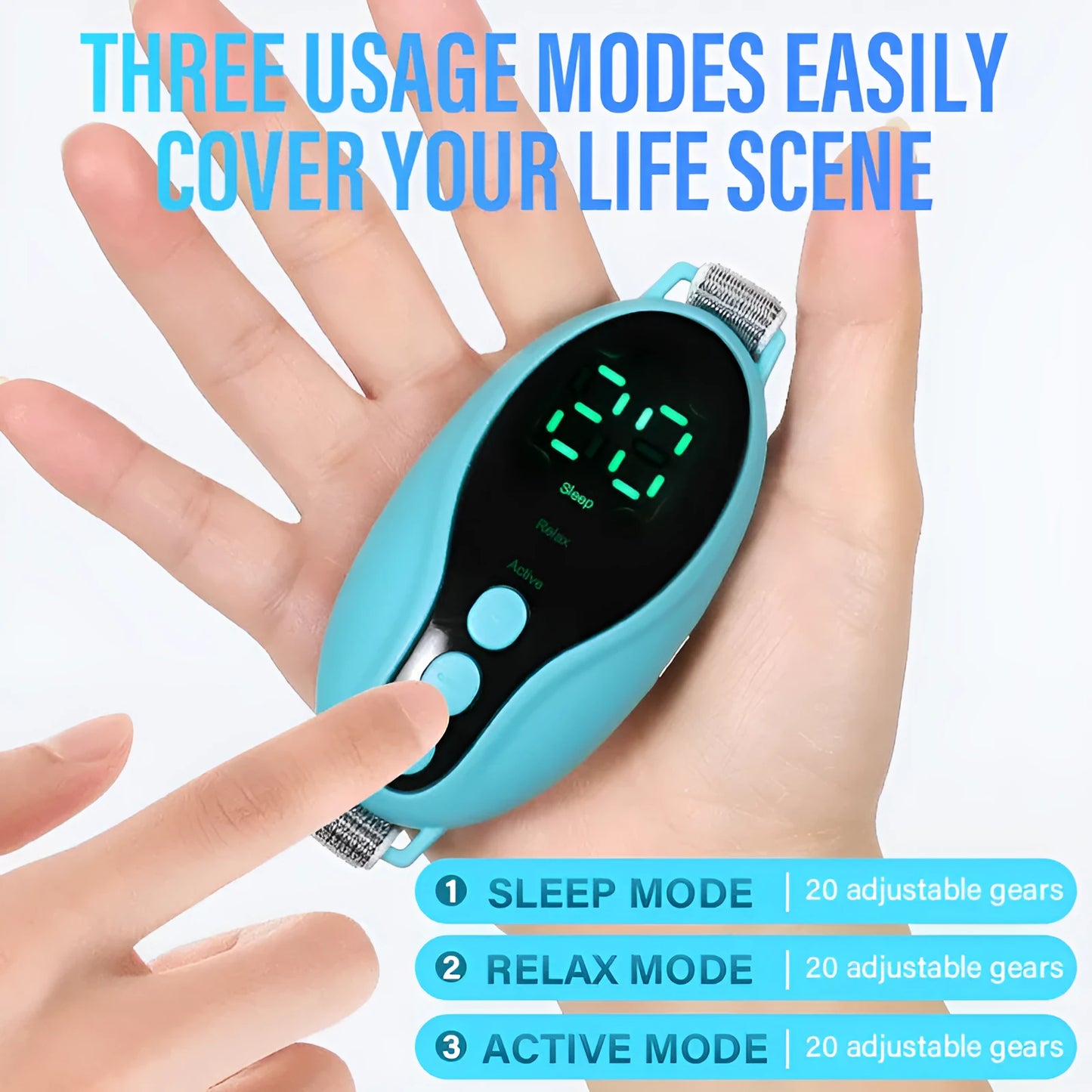 White portable sleep aid device showing dimensions of 80×40×20mm with USB charging port