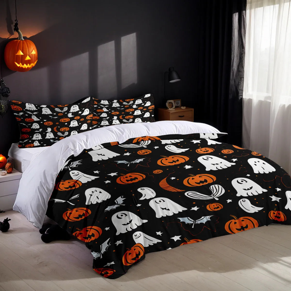 White three-piece bed set with digital printed pattern on chemical fibre fabric