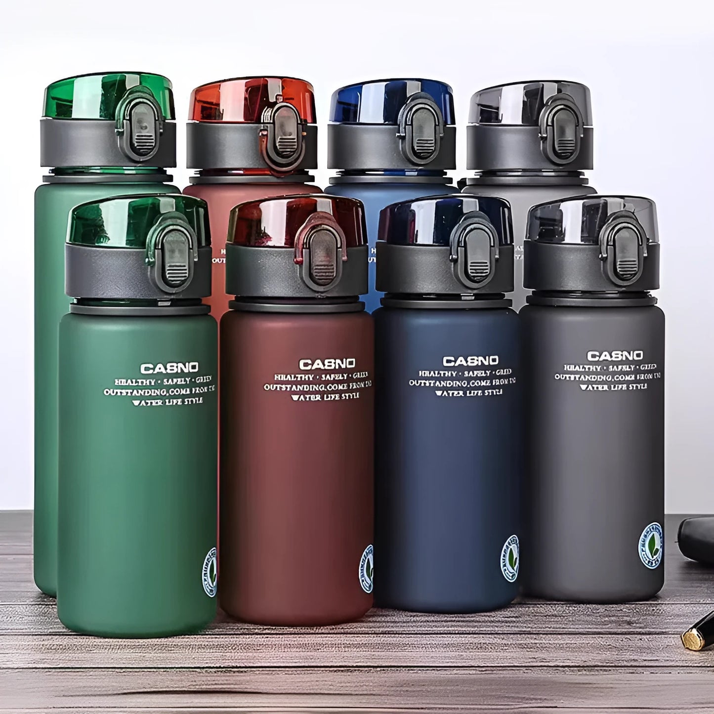 PC sports water bottle with lanyard in frosted finish colours showing leak-proof seal