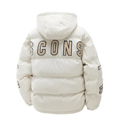 Men's black hooded Korean-style winter coat with letter print and side pockets.