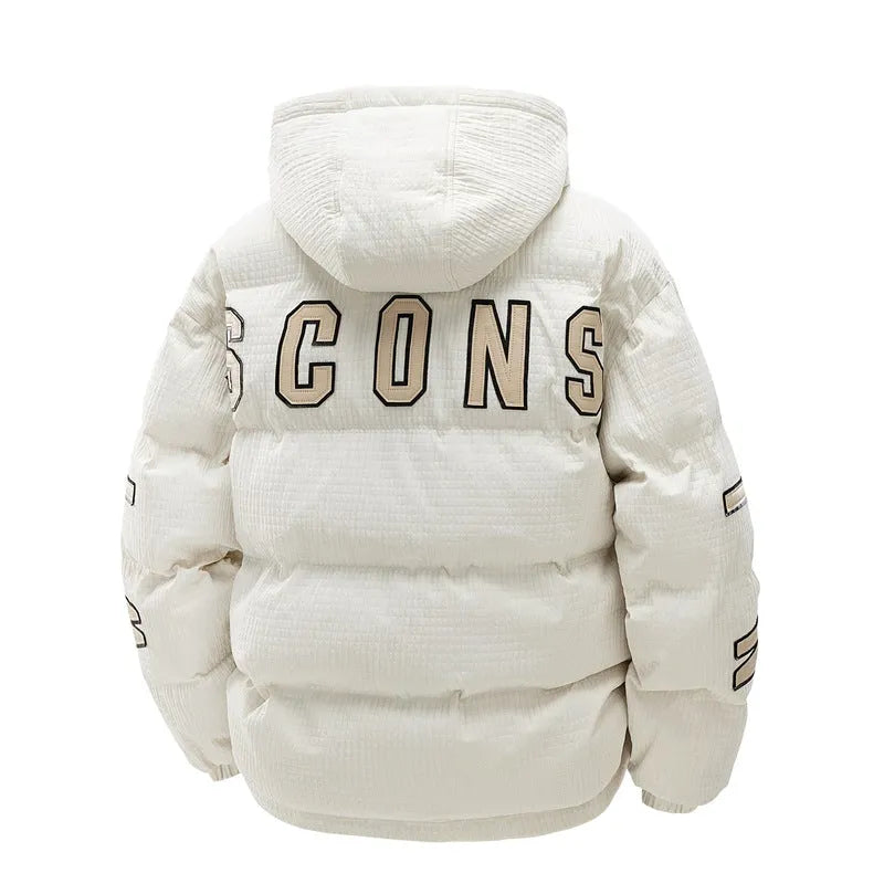 Men's Cotton-padded Coat Hooded Winter Jacket with Letter Print, Korean Style Cardigan Jacket in Polyester Fabric, Available in Black and Khaki in Sizes M to 5XL for Casual Wear