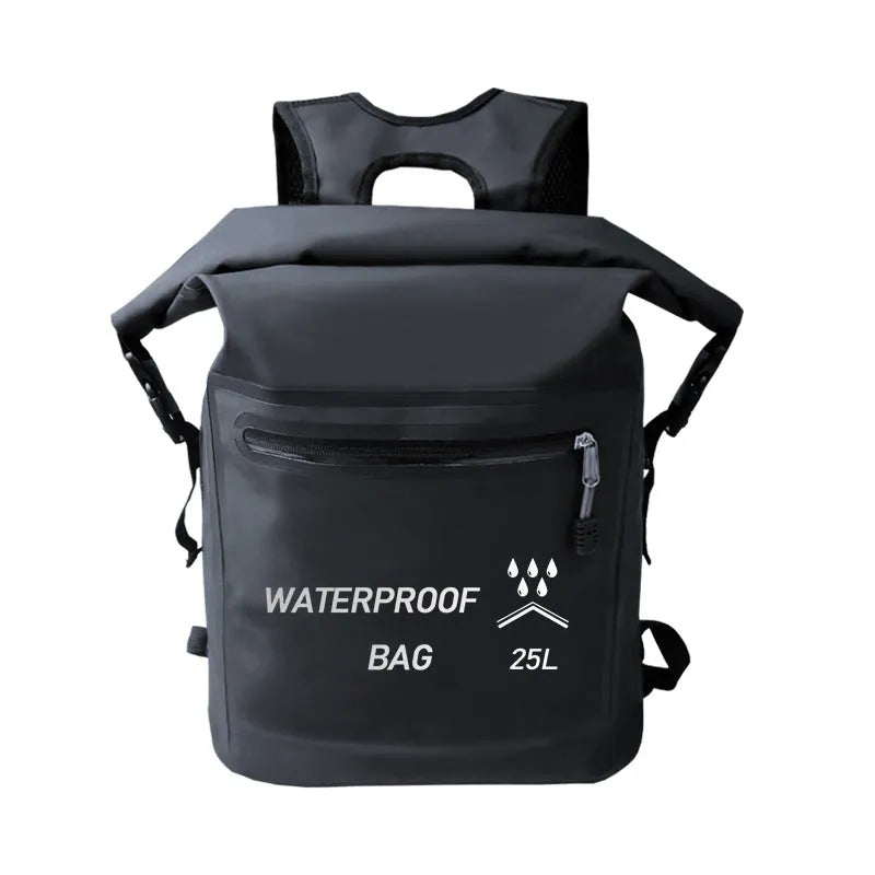 Black 25 litre waterproof backpack for outdoor water activities including swimming and rafting