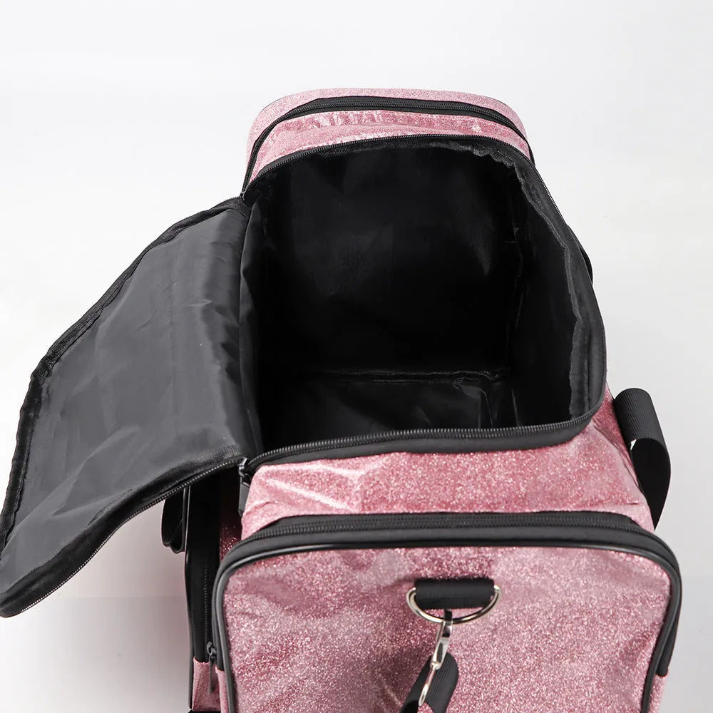 PU leather large sports handbag in blue with dimensions 48x26x22cm showing interior organisation
