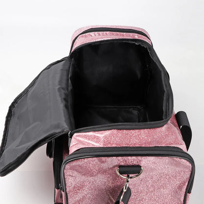 PU leather large sports handbag in blue with dimensions 48x26x22cm showing interior organisation