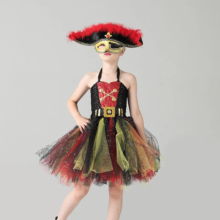 Girls sleeveless pirate costume dress with sequins, lace, and mesh on a pirate skirt design.