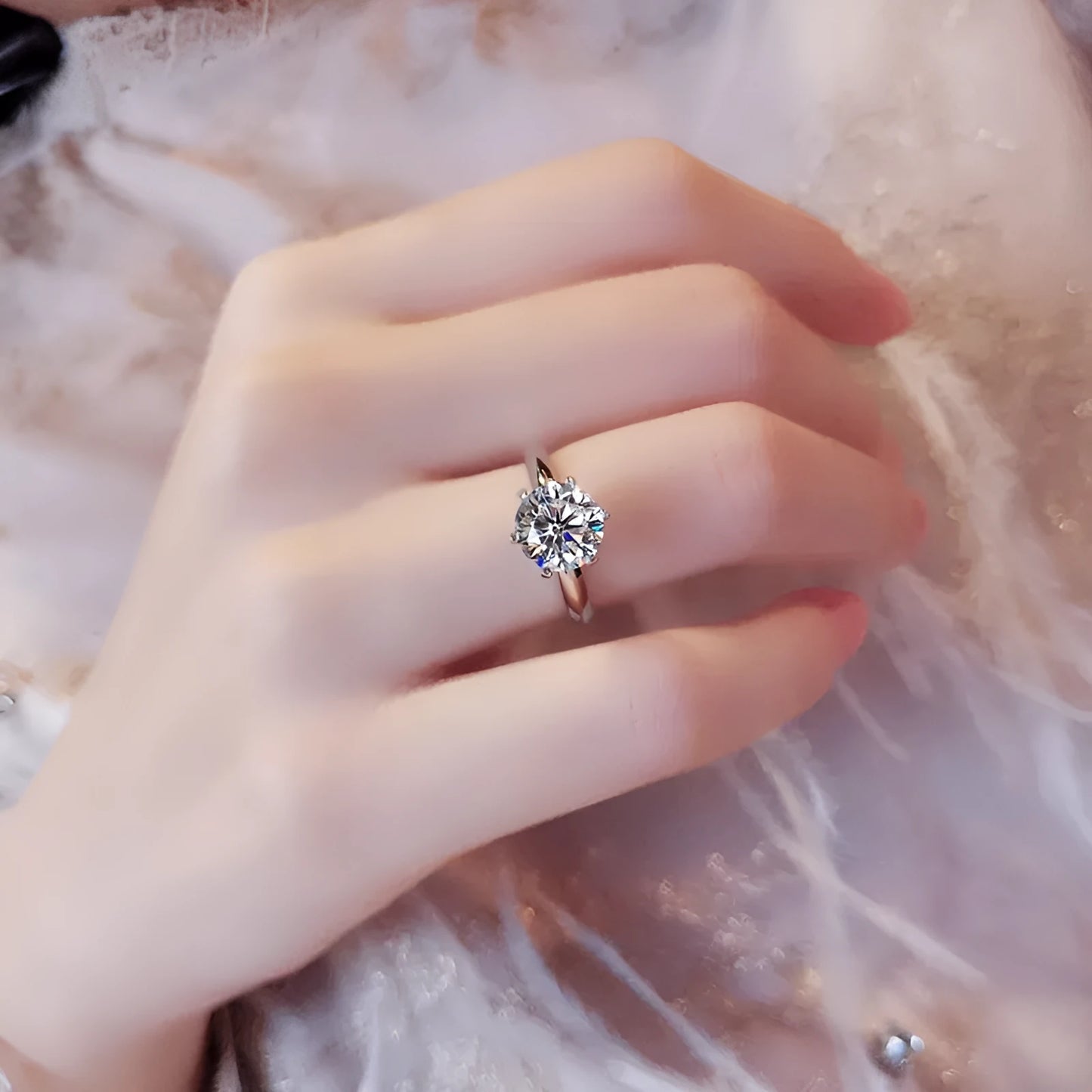 White gold plated zircon ring with six-claw setting and geometric shape on white copper base