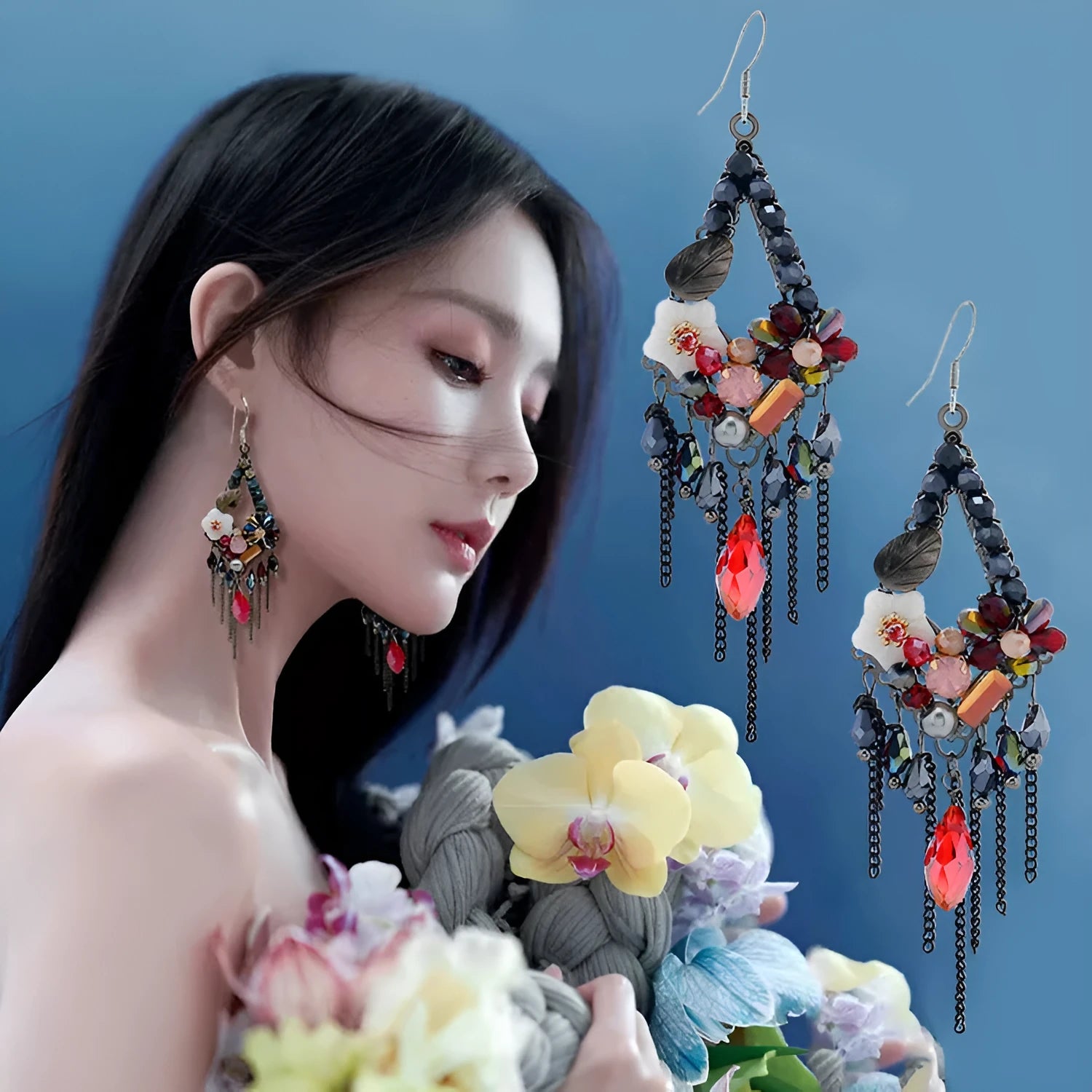 Hand-woven retro bohemian ethnic style exaggerated long earrings in artificial crystal and alloy