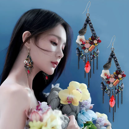Hand-woven retro bohemian ethnic style exaggerated long earrings in artificial crystal and alloy