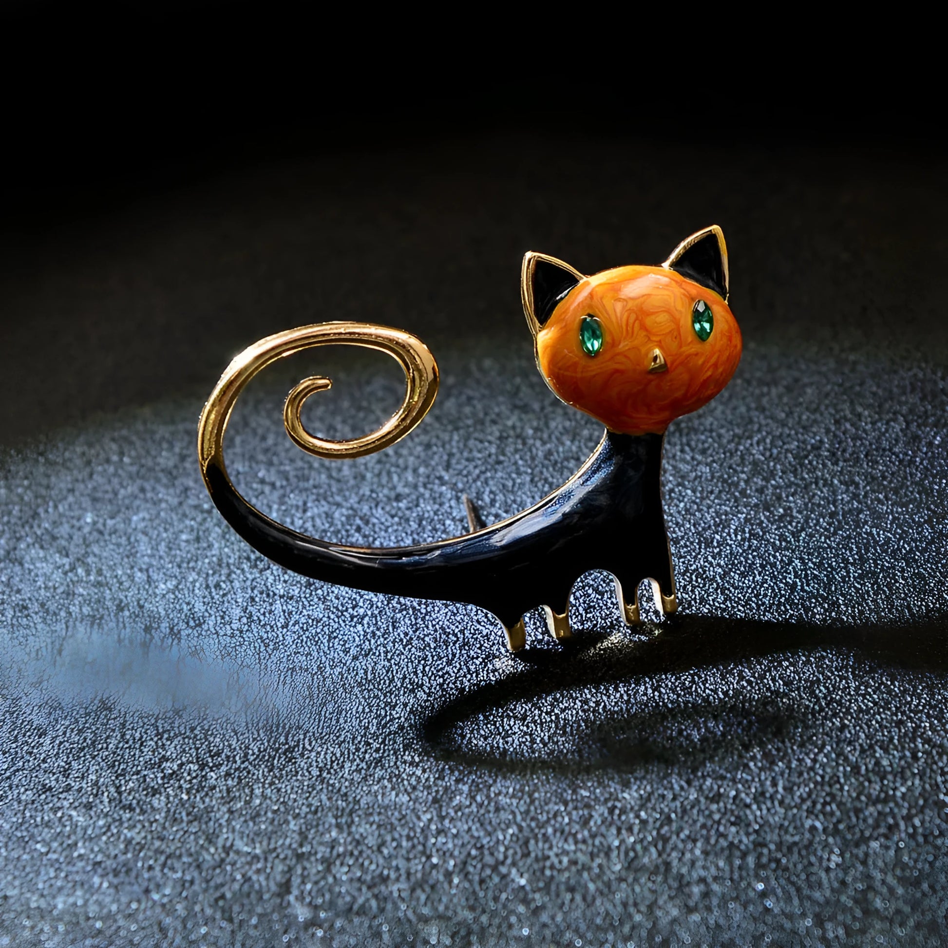Women's alloy cat brooch with painted tailing up kitty design in white or orange colour