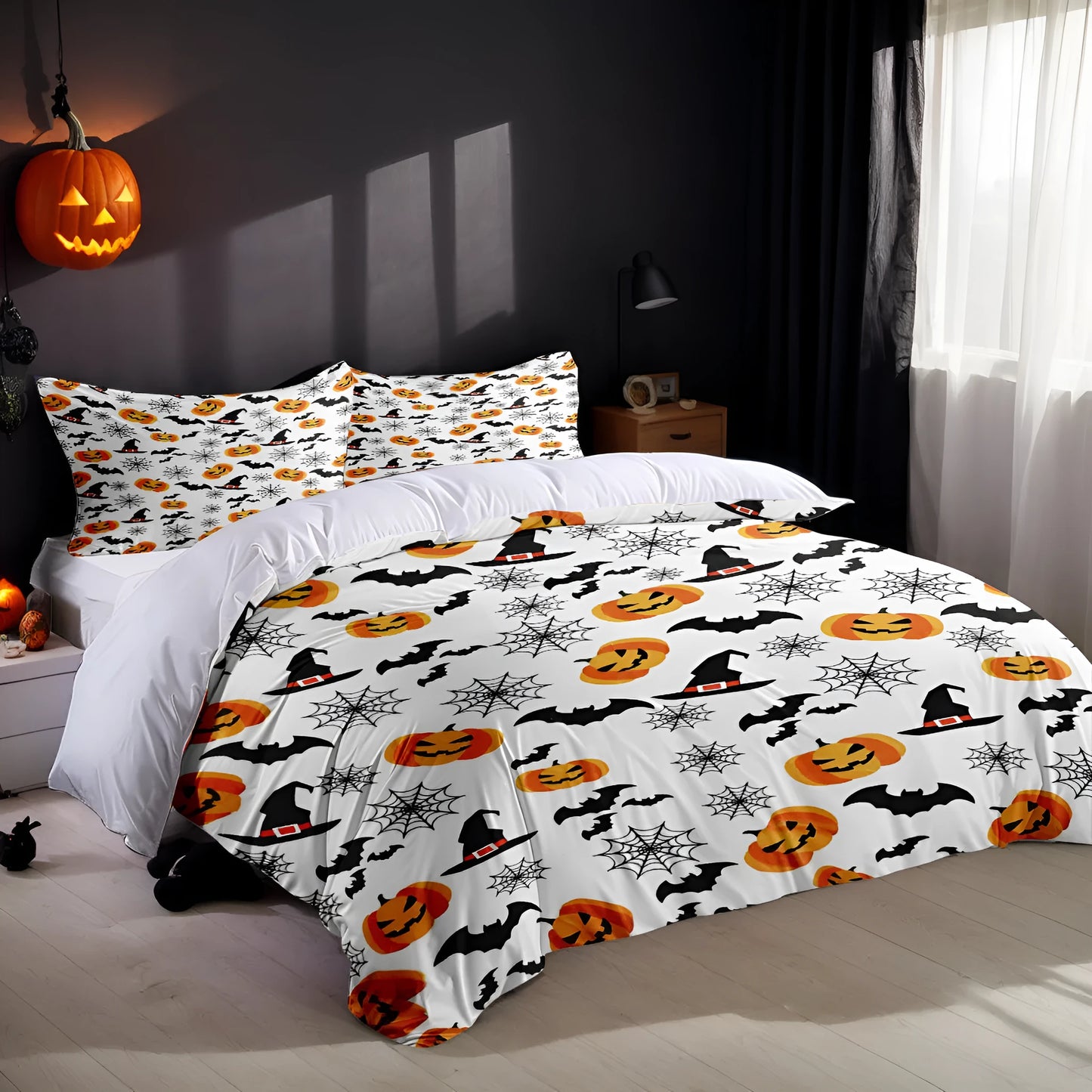 White three-piece bed set with digital printed pattern on chemical fibre fabric