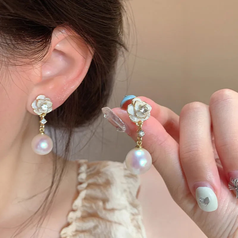 Camellia flower stud earrings for women in alloy with floral design