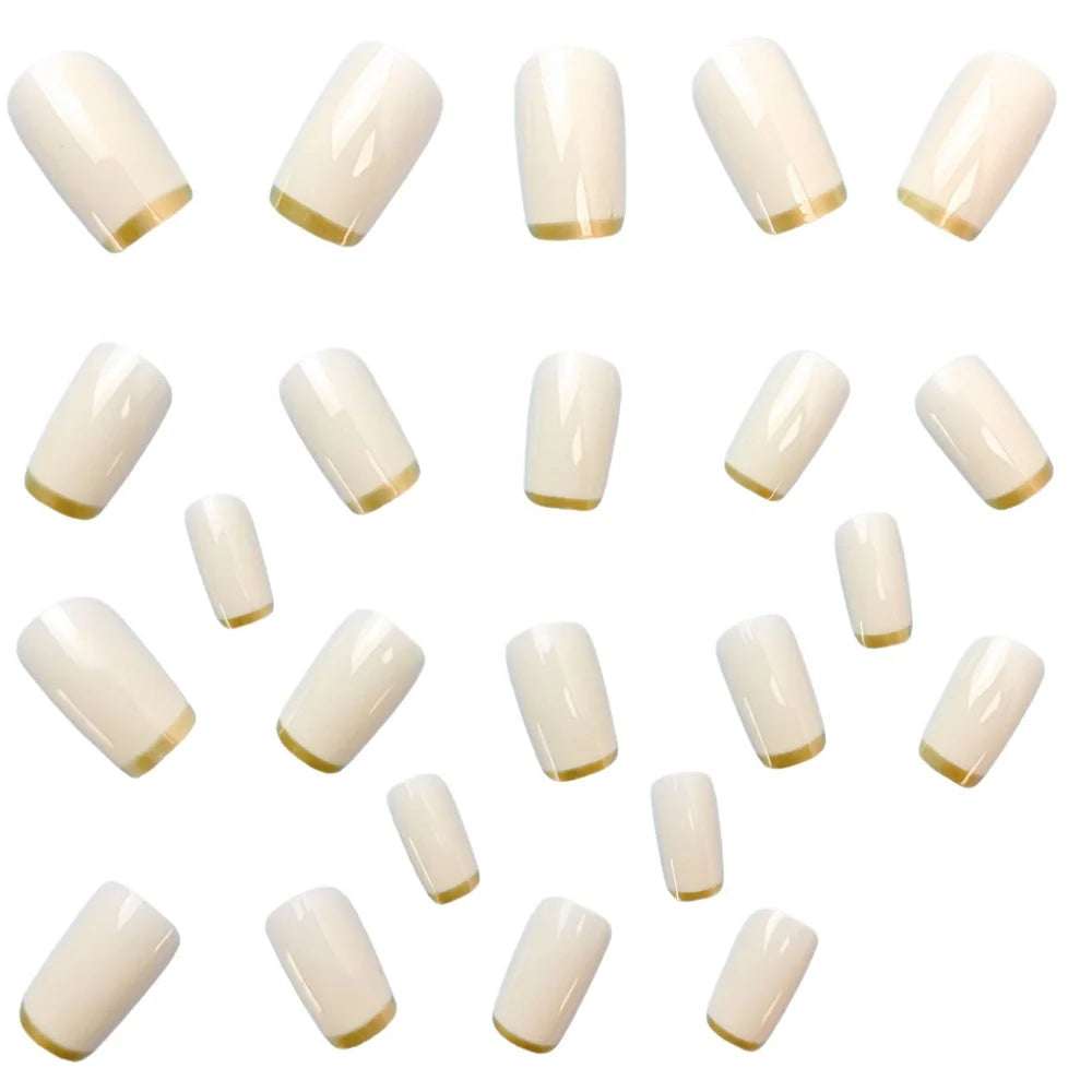 Mid-length European square nail art patches with white French tip and golden edge detail, 24-piece reusable set