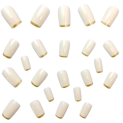 Mid-length European square nail art patches with white French tip and golden edge detail, 24-piece reusable set