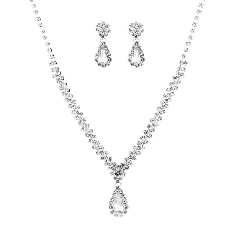 Rhinestone water drop shaped claw chain necklace and earrings jewellery set in selected colour
