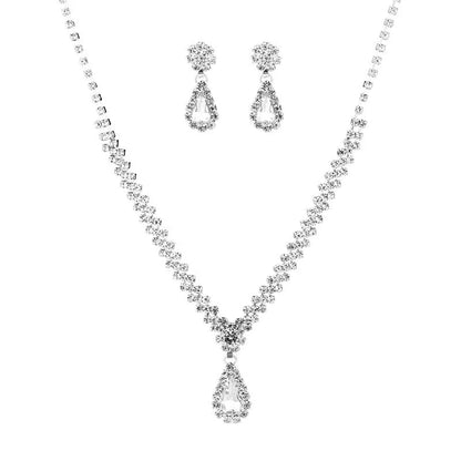 Rhinestone water drop shaped claw chain necklace and earrings jewellery set in selected colour