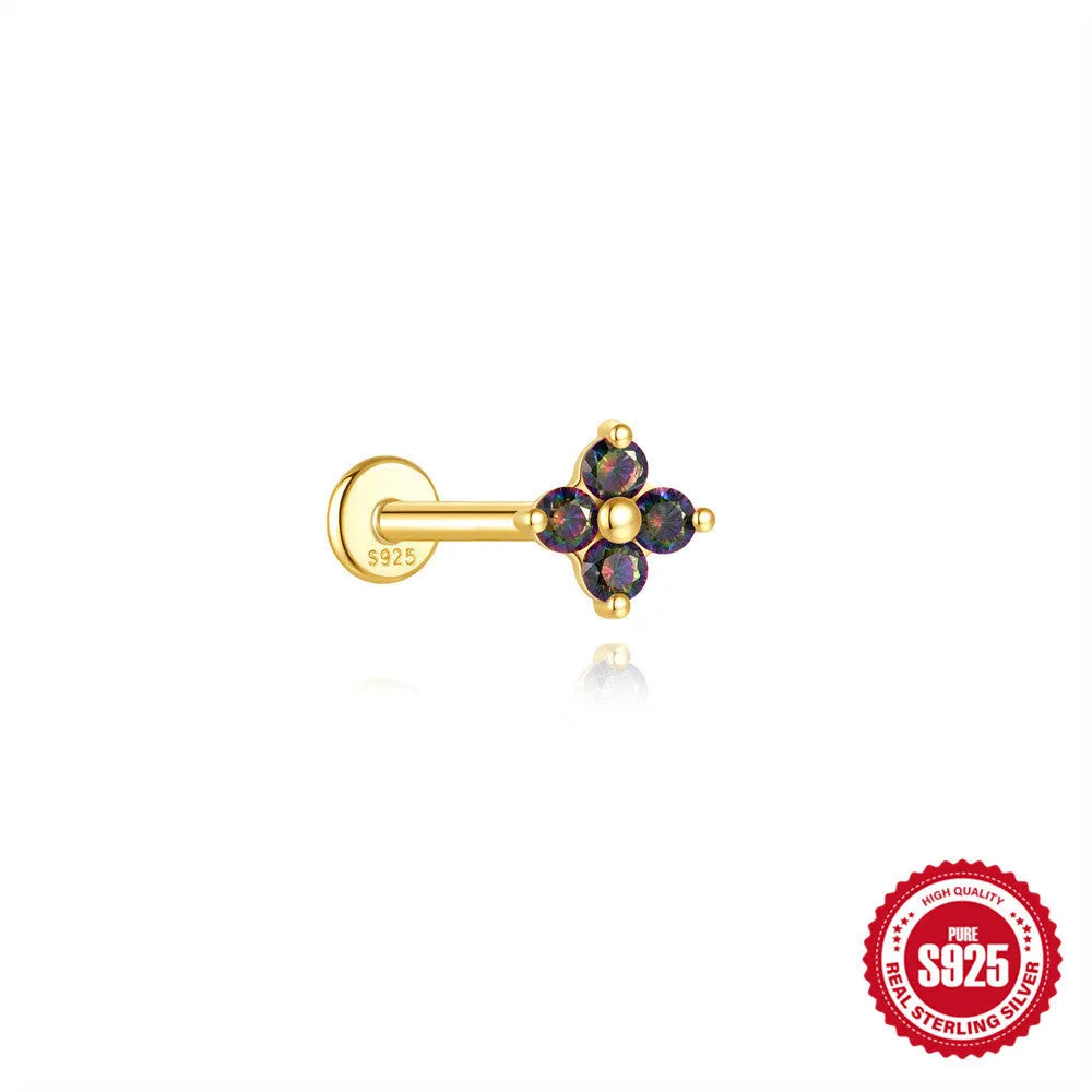 Sterling silver flat head thread piercing earrings with geometric shape and rainbow stone detail
