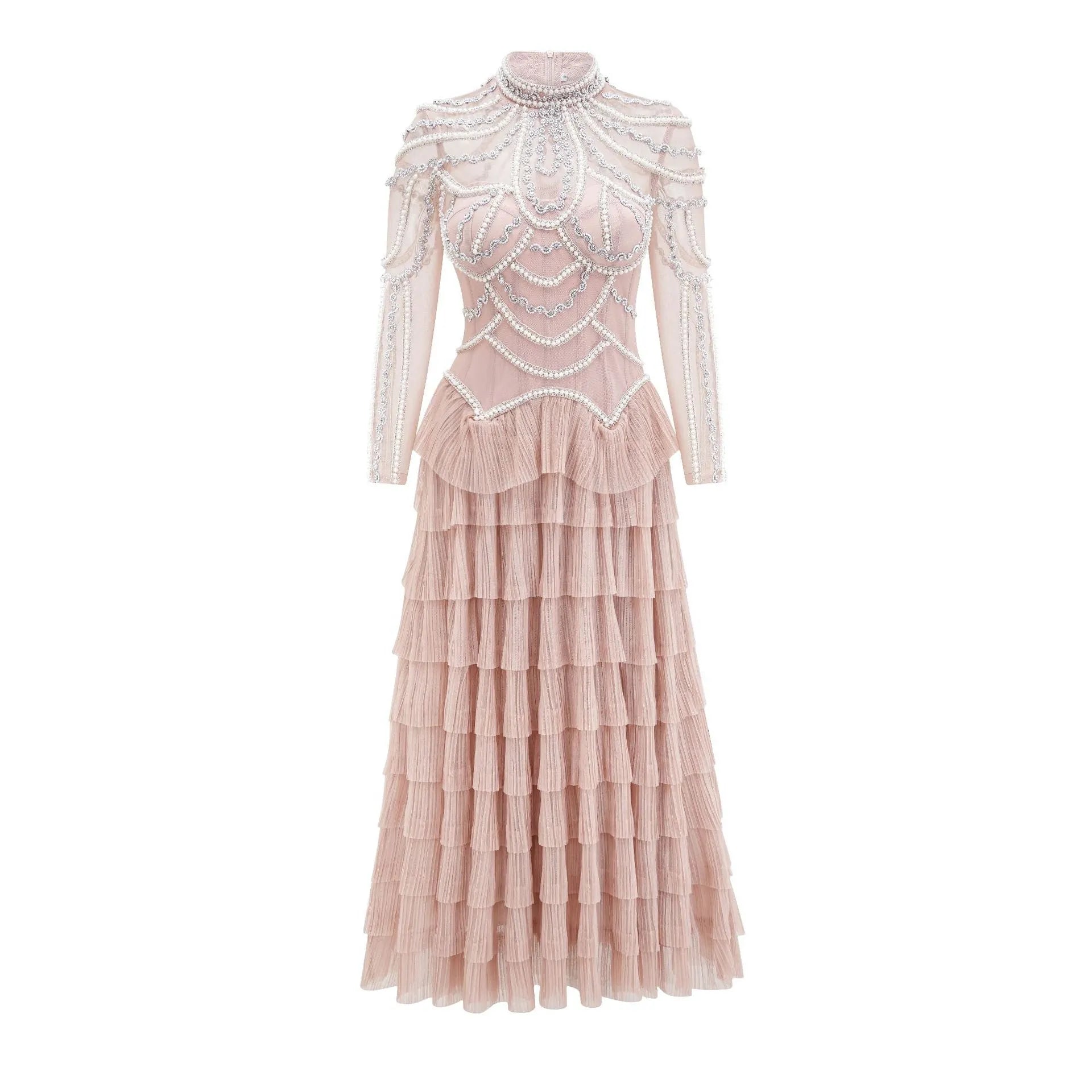 Black long sleeve beaded dress for women with 3D decoration and mid-waist fit.