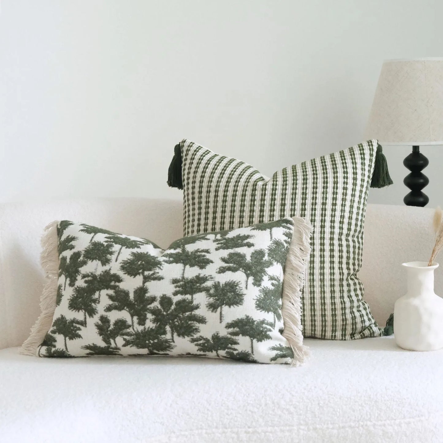 Green cotton and linen tassel pillow with silk floss filler in striped and leafy patterns, sizes 30x50cm to 50x50cm