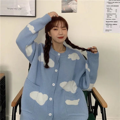 Blue cloud pattern women's spandex cardigan sweater with long sleeves and loose fit.