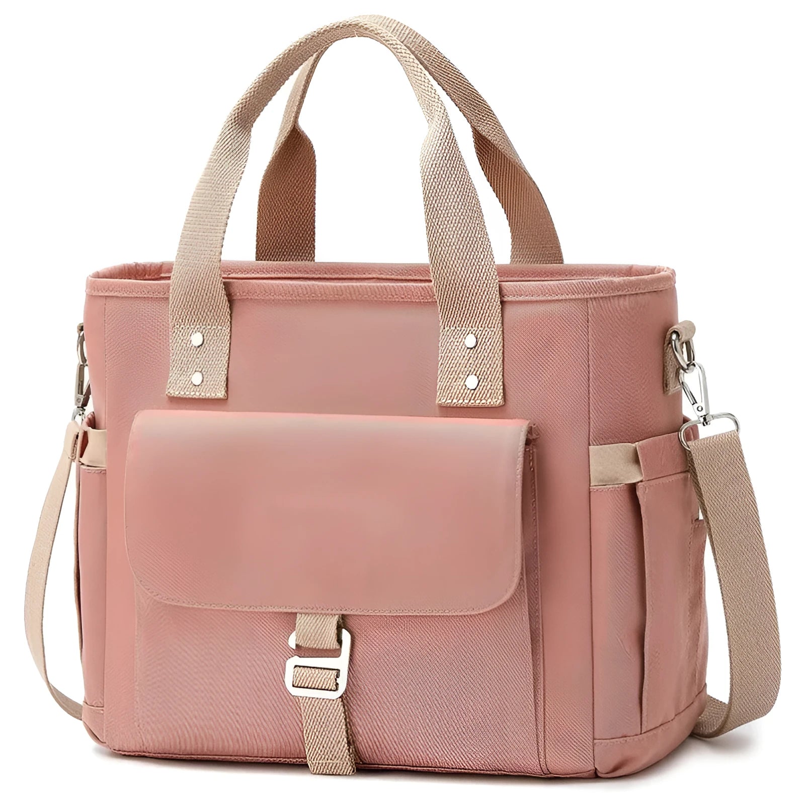 A pink cube-style Oxford cloth belt bag with a removable shoulder strap and a side pocket.