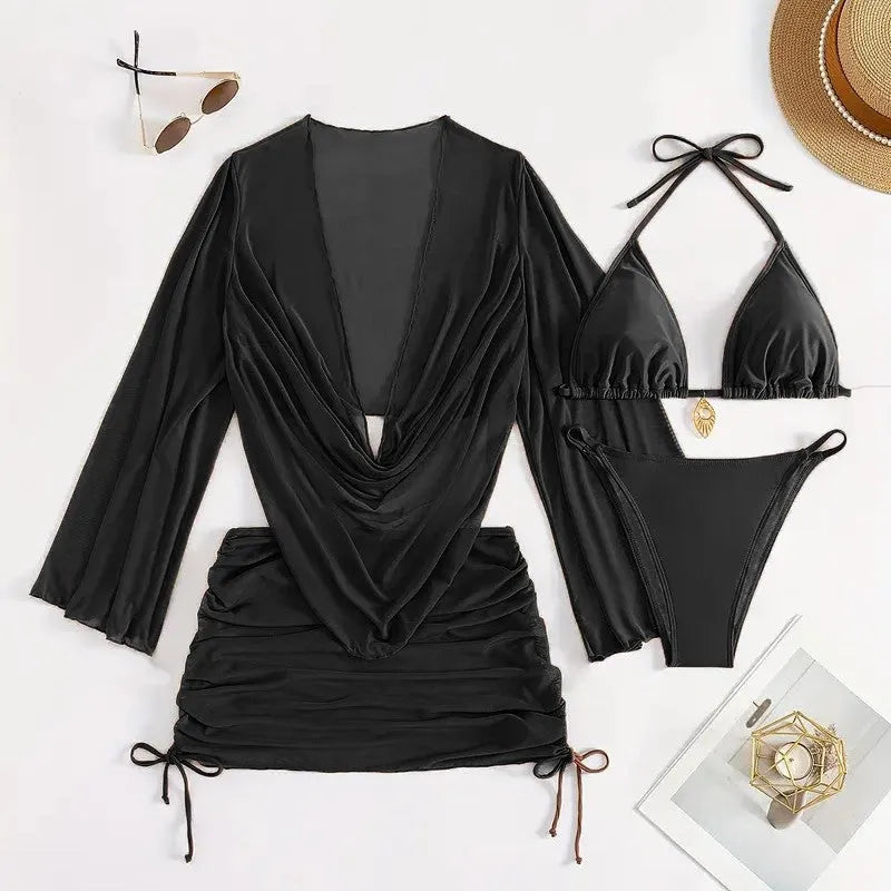 Dark brown women's one-piece swimsuit with a lace-up front and backless design.