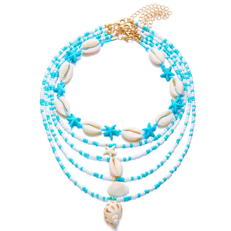 Five women's necklaces with starfish shell beads on adjustable chains in summer colours