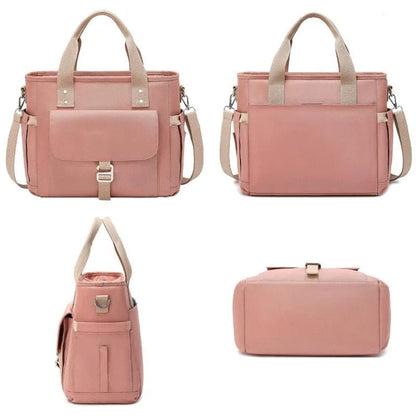 A pink cube-style Oxford cloth belt bag with a removable shoulder strap and a side pocket.