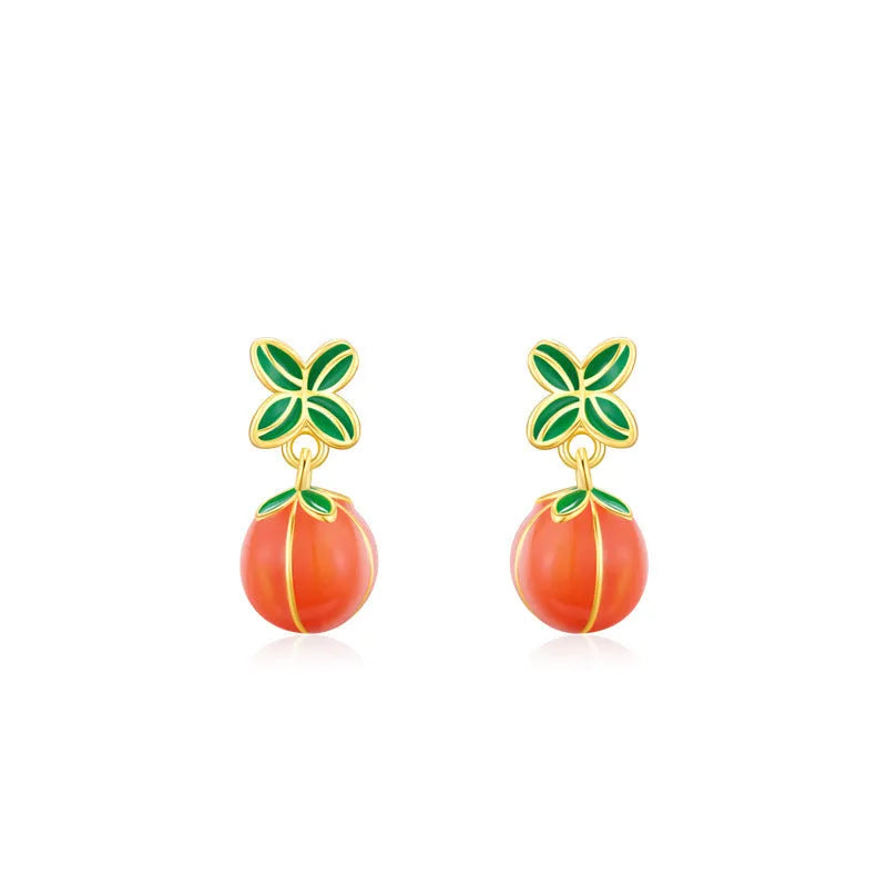 S925 sterling silver persimmon stud earrings with lucky fruit design and ED3325 colour finish