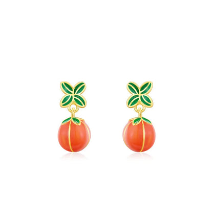 S925 sterling silver persimmon stud earrings with lucky fruit design and ED3325 colour finish