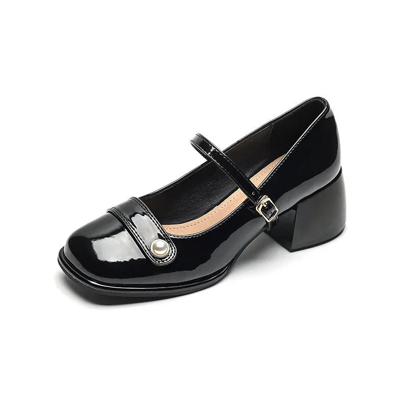 Women's patent leather chunky heel pumps with square toe and buckle fastening in three colour options