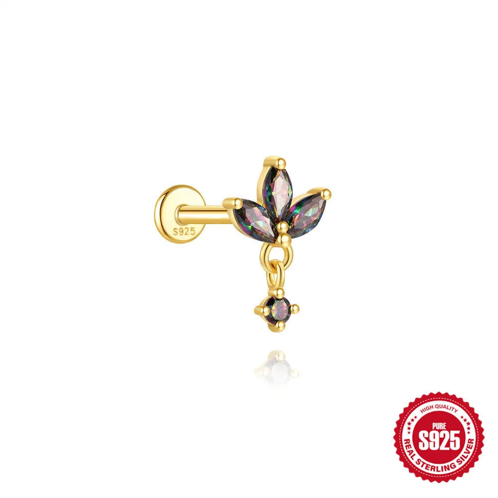 Sterling silver flat head thread piercing earrings with geometric shape and rainbow stone detail