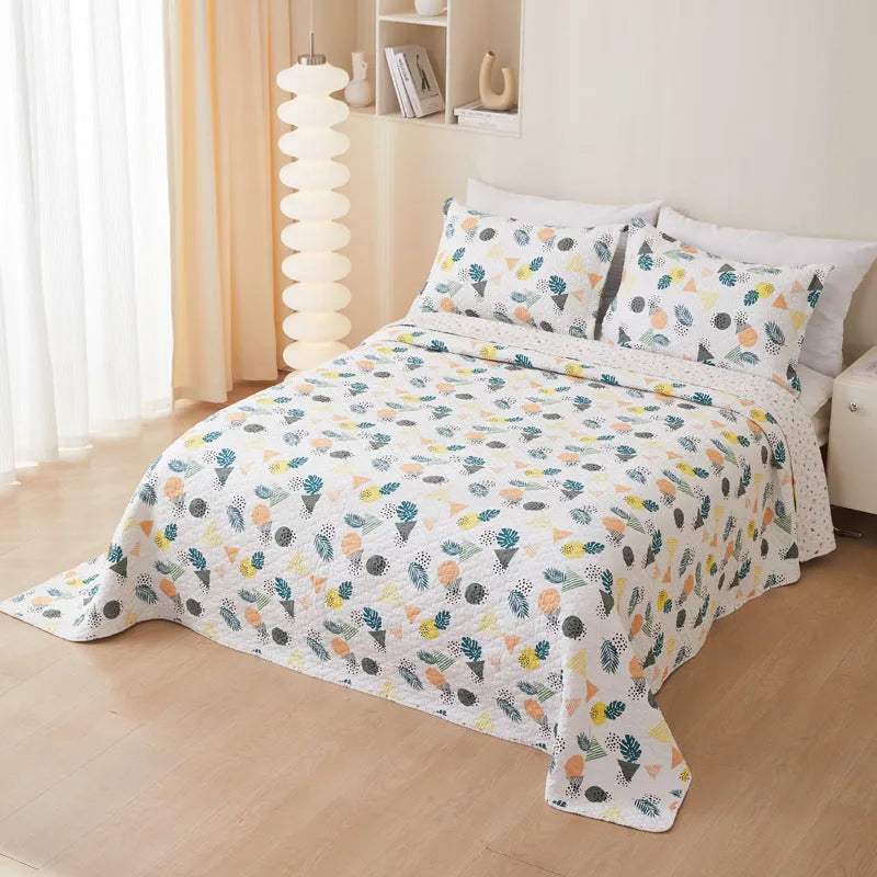 Pure cotton twill quilted bedspread three piece set with reactive printed floral pattern