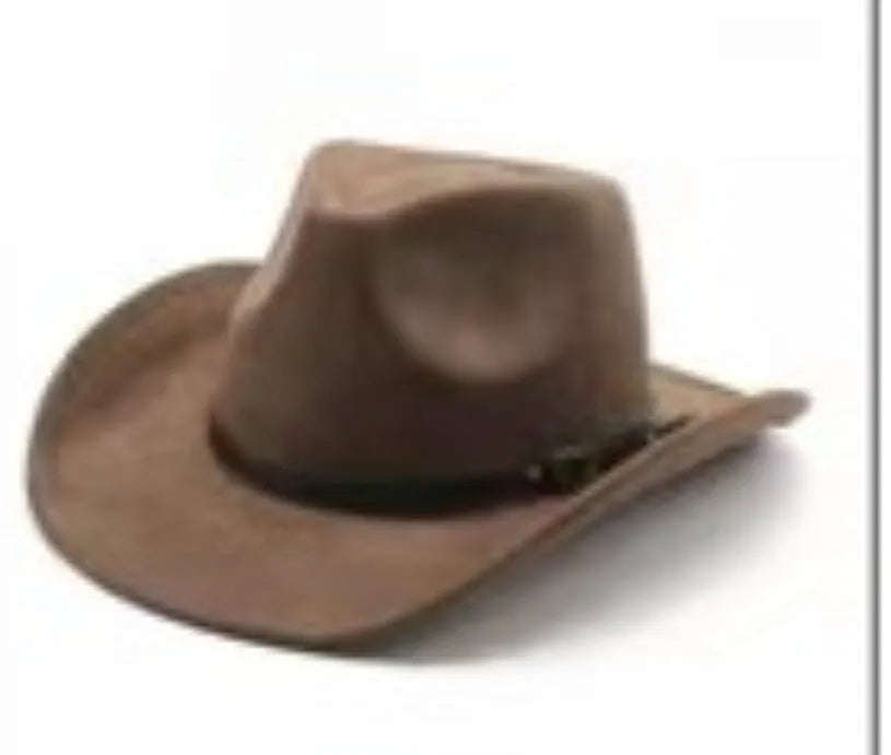 Brown leather velvet Western cowboy hat with curved brim and conical crown