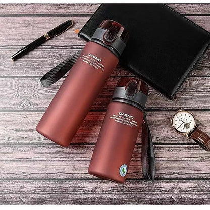 PC sports water bottle with lanyard in frosted finish colours showing leak-proof seal
