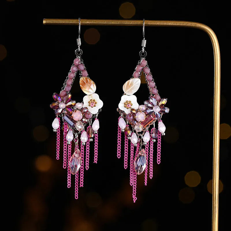 Hand-woven retro bohemian ethnic style exaggerated long earrings in artificial crystal and alloy