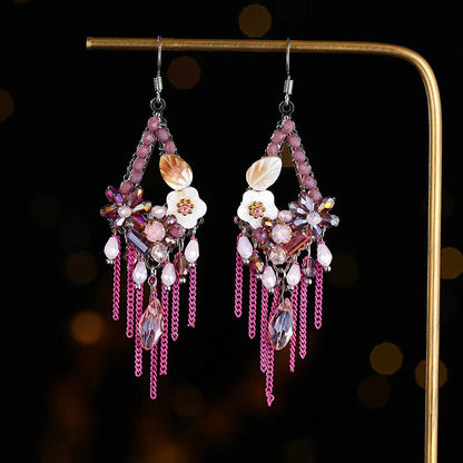 Hand-woven retro bohemian ethnic style exaggerated long earrings in artificial crystal and alloy