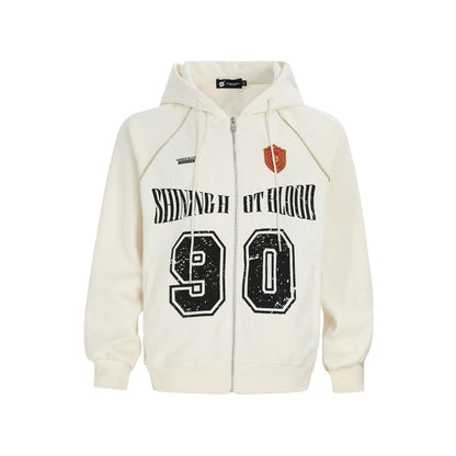 Women's loose hooded cardigan jacket with retro letter embroidery in cotton blend fabric